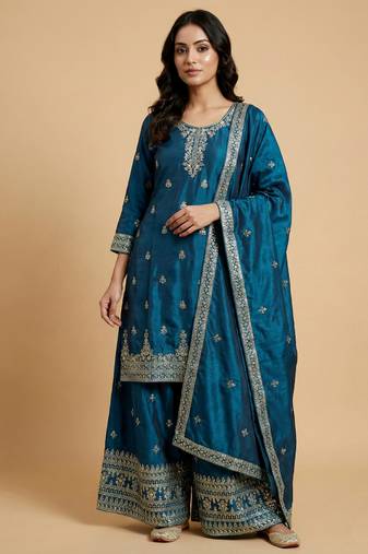 Teal designer chinon sequins embroidered work readymade suit