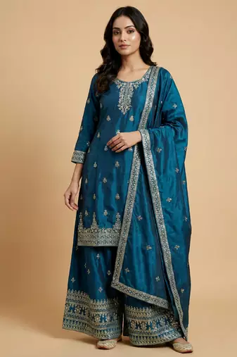 Teal designer chinon sequins embroidered work readymade suit