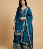 Teal designer chinon sequins embroidered work readymade suit