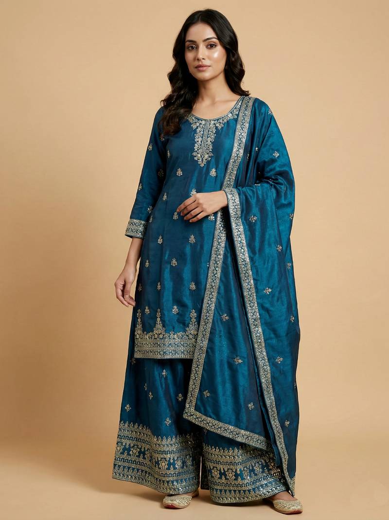 Teal designer chinon sequins embroidered work readymade suit