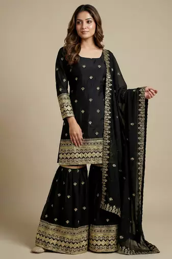 Black designer chinon sequins embroidered work readymade suit