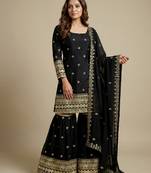 Black designer chinon sequins embroidered work readymade suit