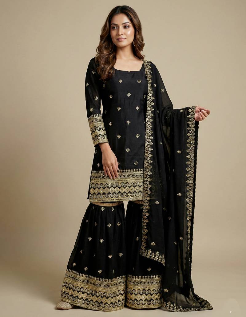 Black designer chinon sequins embroidered work readymade suit