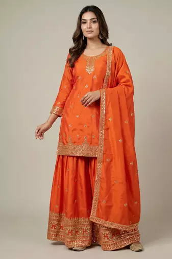 Orange designer chinon sequins embroidered work readymade suit