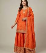 Orange designer chinon sequins embroidered work readymade suit