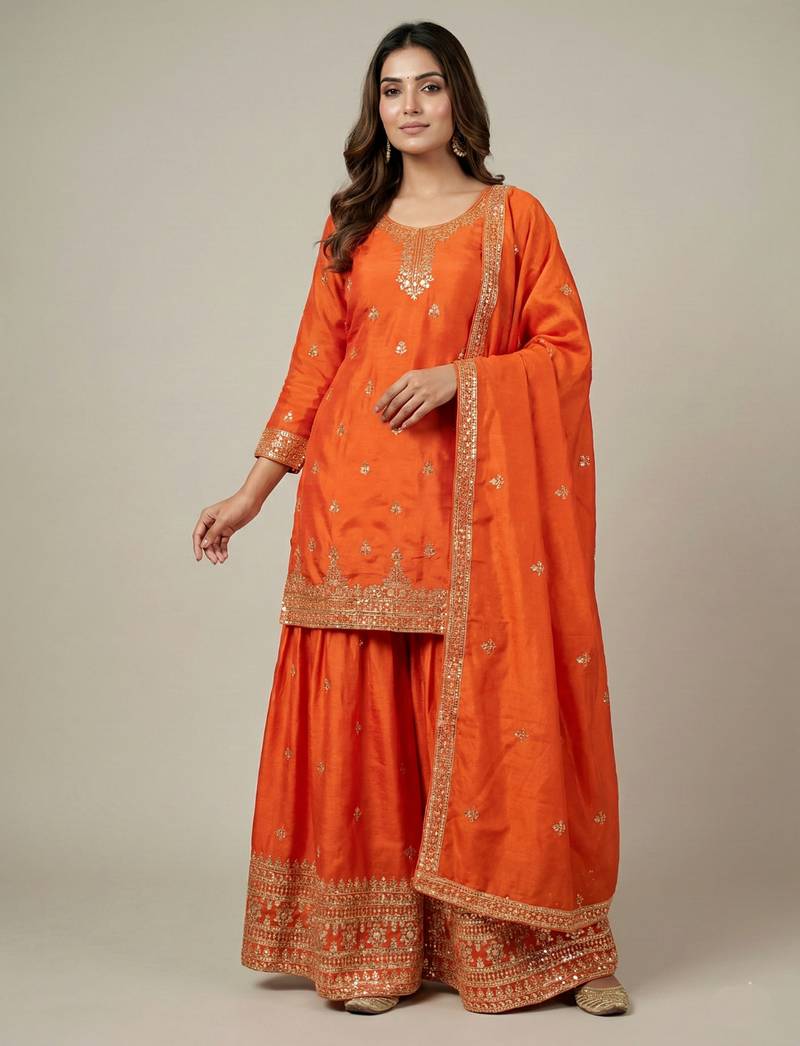 Orange designer chinon sequins embroidered work readymade suit