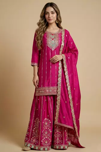 Pink designer chinon sequins embroidered work readymade suit