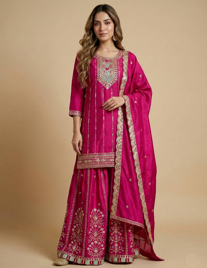 Pink designer chinon sequins embroidered work readymade suit