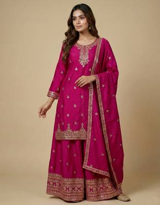 Pink designer chinon sequins embroidered work readymade suit 1
