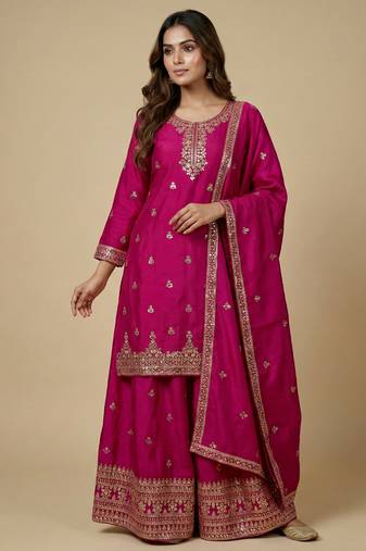 Pink designer chinon sequins embroidered work readymade suit