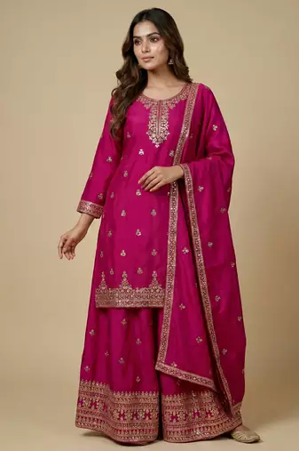 Pink designer chinon sequins embroidered work readymade suit