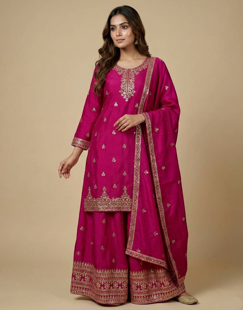 Pink designer chinon sequins embroidered work readymade suit