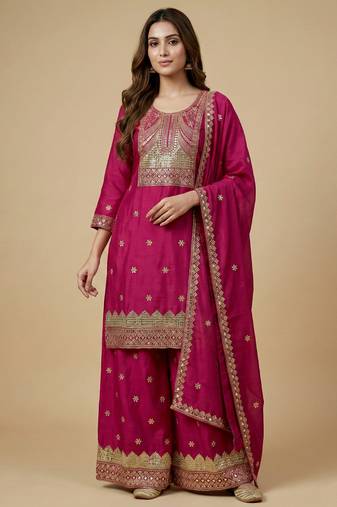 Pink designer chinon sequins embroidered work readymade suit