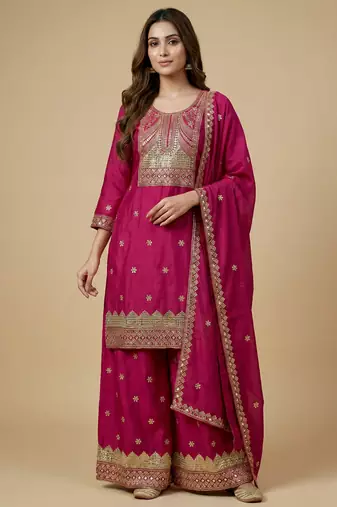 Pink designer chinon sequins embroidered work readymade suit