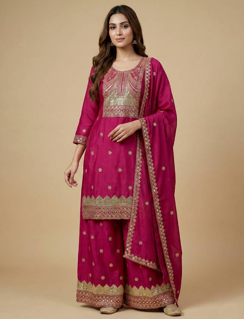 Pink designer chinon sequins embroidered work readymade suit