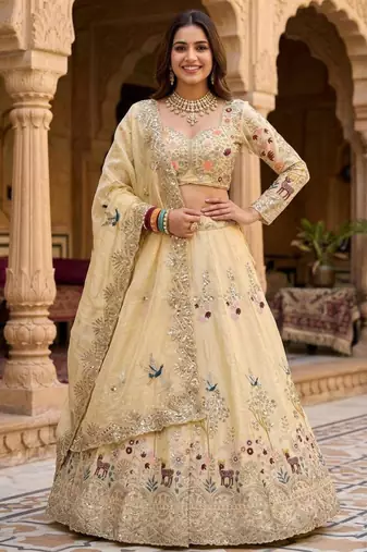 beige silk blend embroidered lehenga set