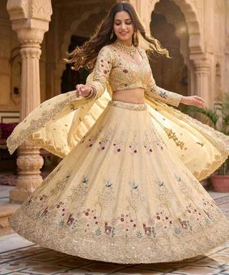 beige silk blend embroidered lehenga set with free size upto 44 2