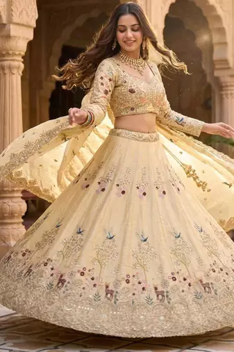 beige silk blend embroidered lehenga set