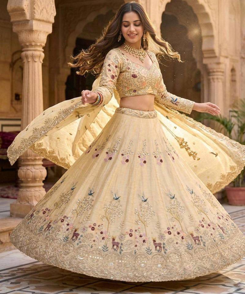 beige silk blend embroidered lehenga set