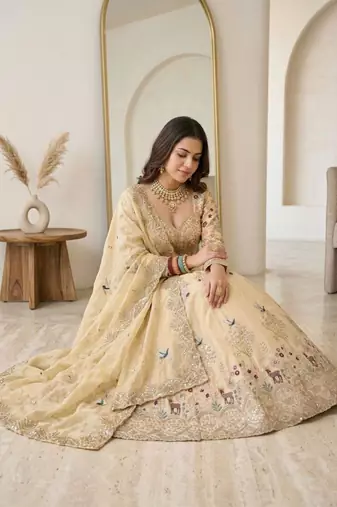beige silk blend embroidered lehenga set