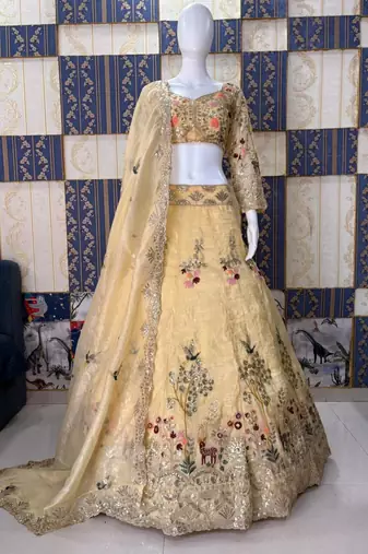 beige silk blend embroidered lehenga set