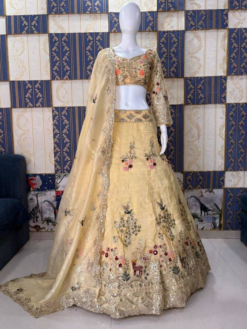 beige silk blend embroidered lehenga set