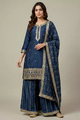 Blue designer chinon sequins embroidered work readymade suit