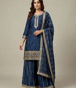 Blue designer chinon sequins embroidered work readymade suit