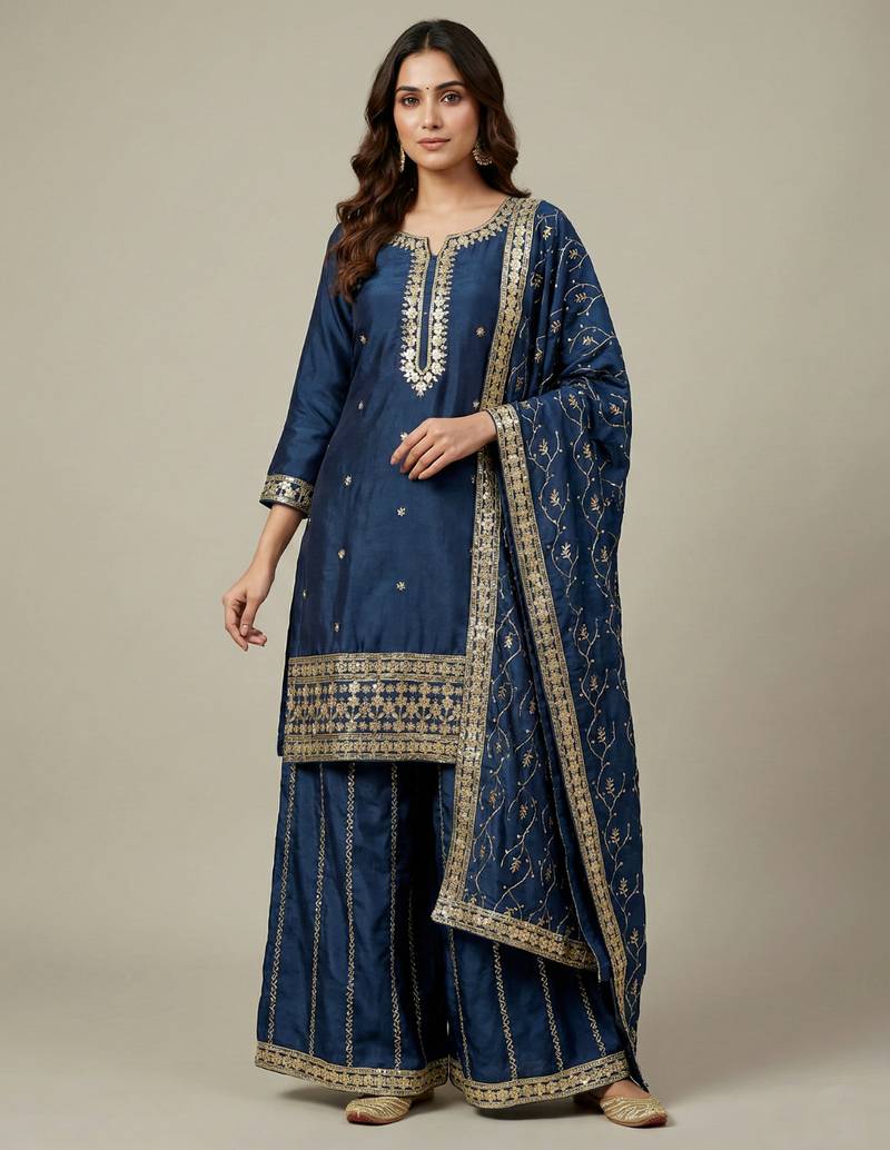 Blue designer chinon sequins embroidered work readymade suit