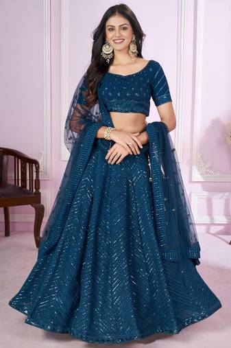 teal blue georgette embroidered lehenga set