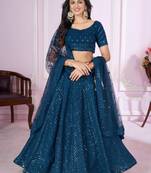 teal blue georgette embroidered lehenga set