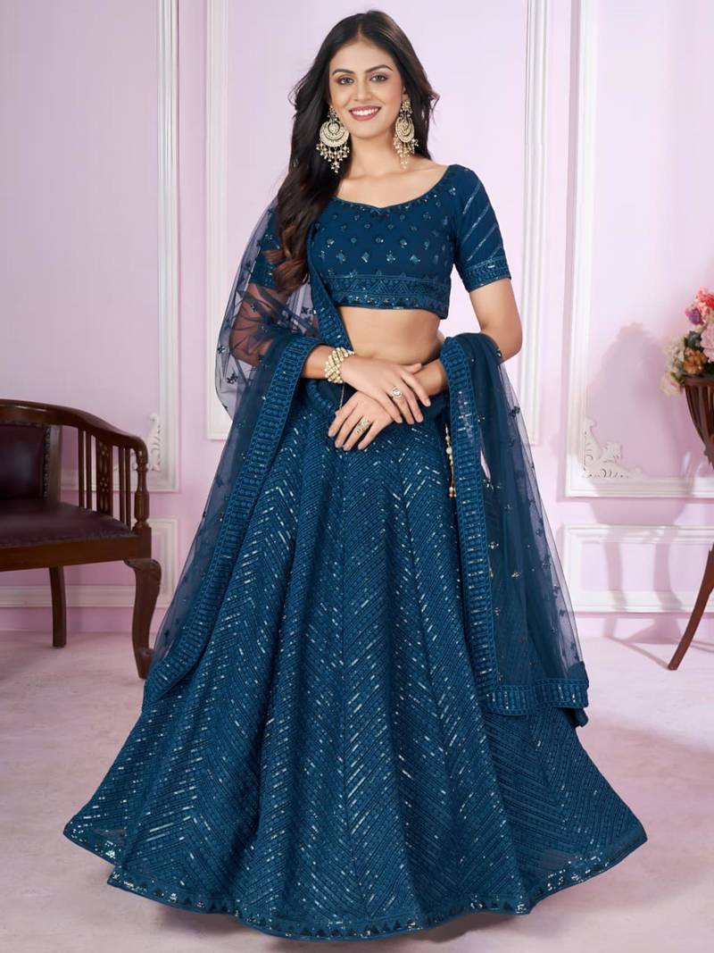 teal blue georgette embroidered lehenga set