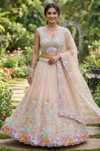 light peach silk blend embroidered lehenga set