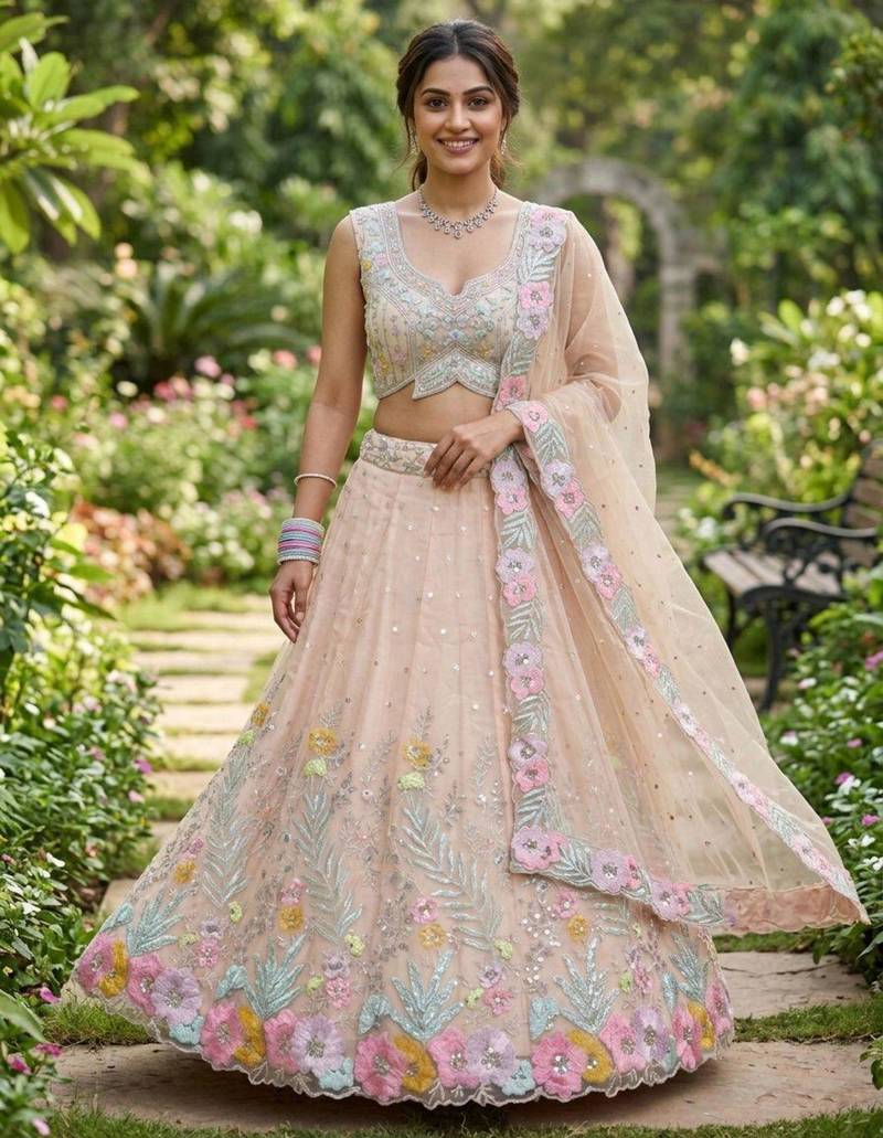 light peach silk blend embroidered lehenga set