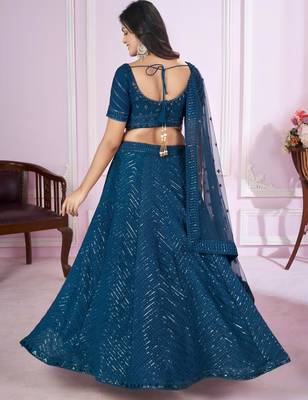 teal blue georgette embroidered lehenga set 2