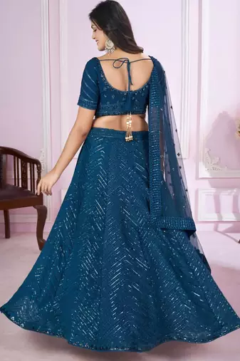 teal blue georgette embroidered lehenga set