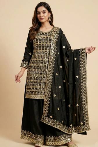 Black designer chinon sequins embroidered work readymade suit