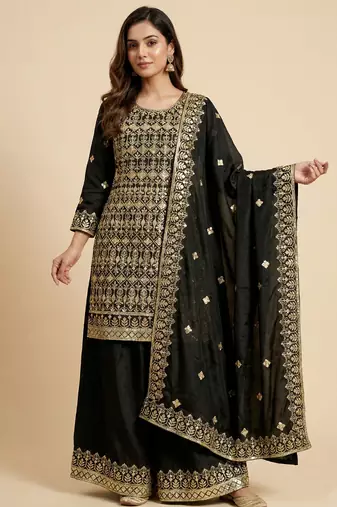Black designer chinon sequins embroidered work readymade suit