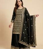 Black designer chinon sequins embroidered work readymade suit