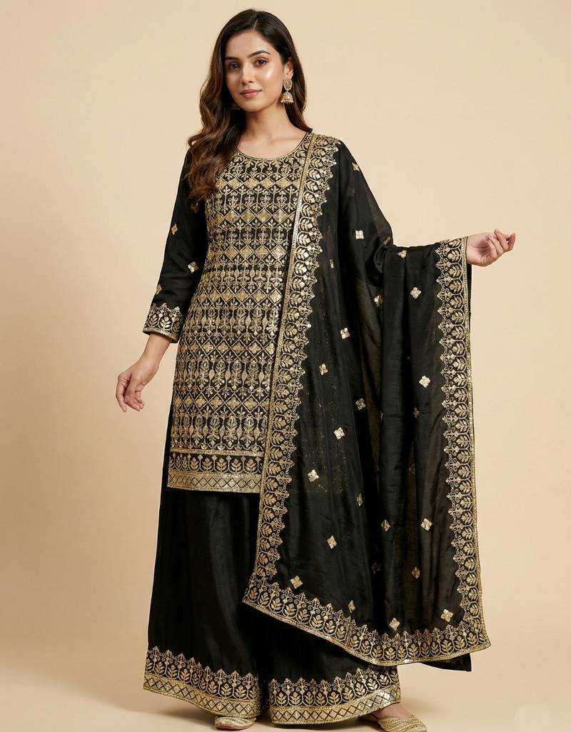 Black designer chinon sequins embroidered work readymade suit