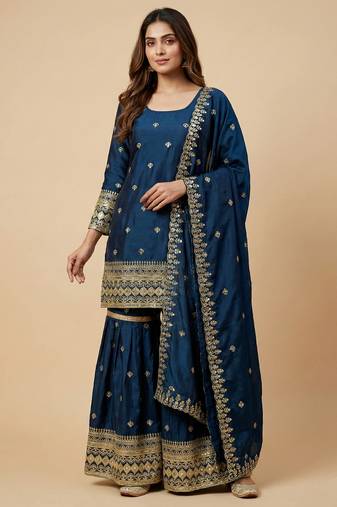 Teal designer chinon sequins embroidered work readymade suit