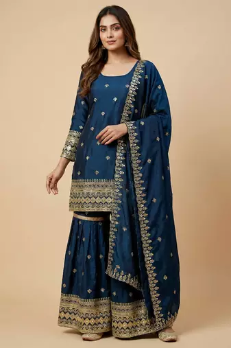 Teal designer chinon sequins embroidered work readymade suit