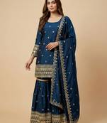 Teal designer chinon sequins embroidered work readymade suit