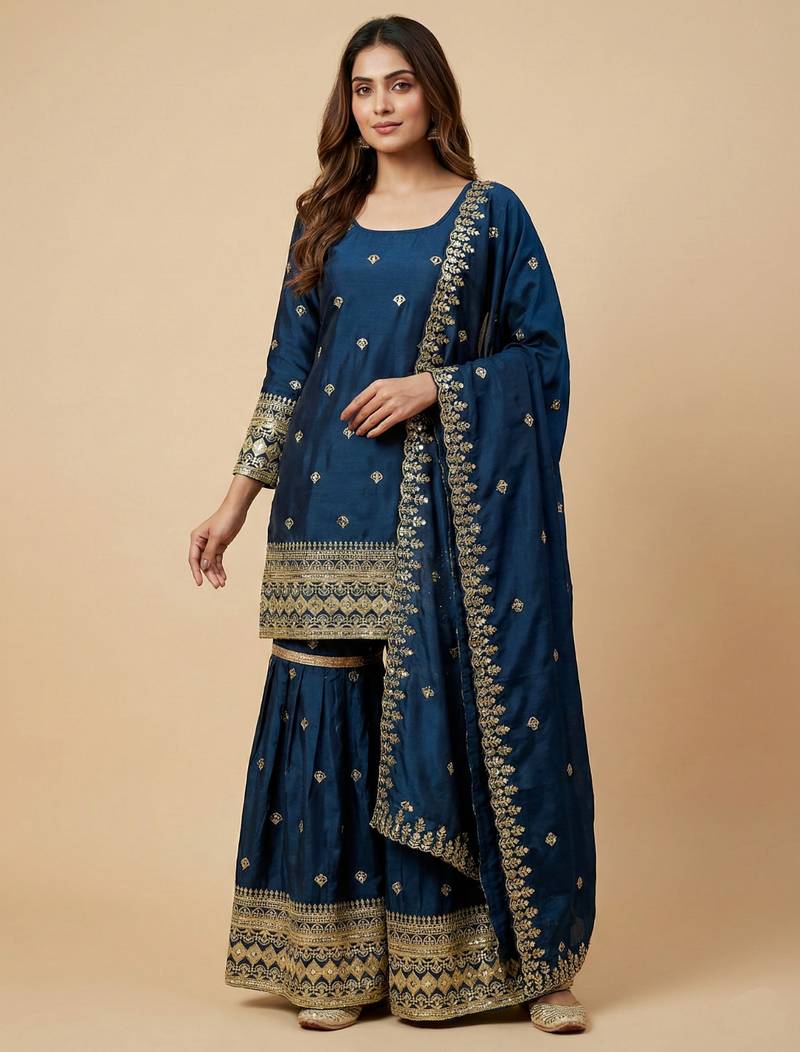 Teal designer chinon sequins embroidered work readymade suit