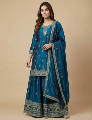 Teal designer chinon sequins embroidered work readymade suit 1