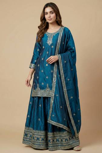 Teal designer chinon sequins embroidered work readymade suit
