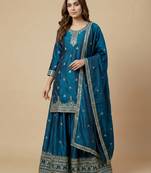 Teal designer chinon sequins embroidered work readymade suit
