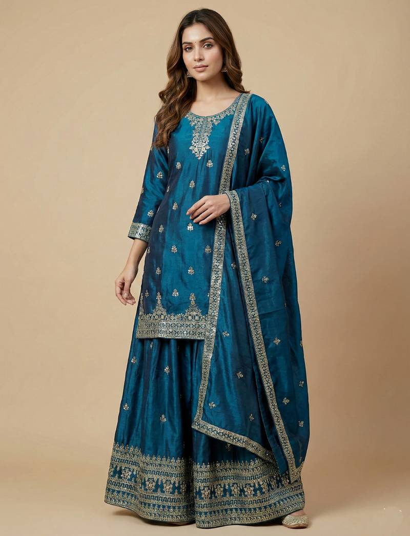 Teal designer chinon sequins embroidered work readymade suit