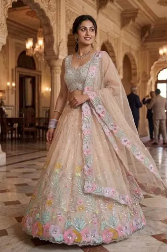 light peach silk blend embroidered lehenga set