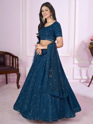 teal blue georgette embroidered lehenga set 3